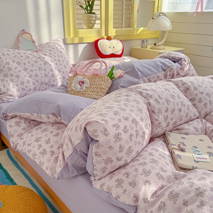 91家纺网 家纺一手货源 找家纺 云玲时尚 2026新款云感双层纱印花四件套 薰衣草