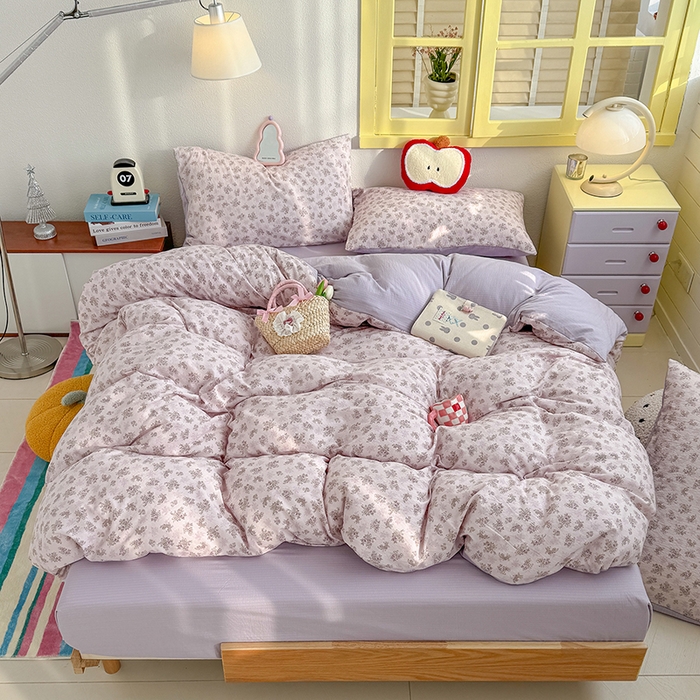 91家纺网 家纺一手货源 找家纺 云玲时尚 2026新款云感双层纱印花四件套 薰衣草