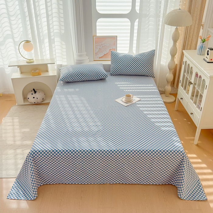 91家纺网 家纺一手货源 找家纺 爱彼家纺 2026新款马上发财新布料细沙三枚缎全新工艺老粗布凉席席子床单三件套-马年系列一 蓝格棋