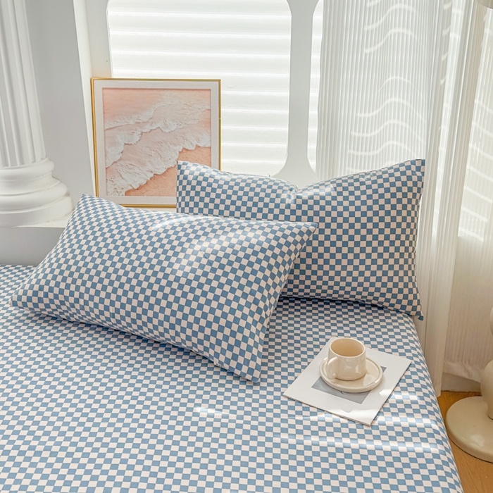 91家纺网 家纺一手货源 找家纺 爱彼家纺 2026新款马上发财新布料细沙三枚缎全新工艺老粗布凉席席子床单三件套-马年系列一 蓝格棋