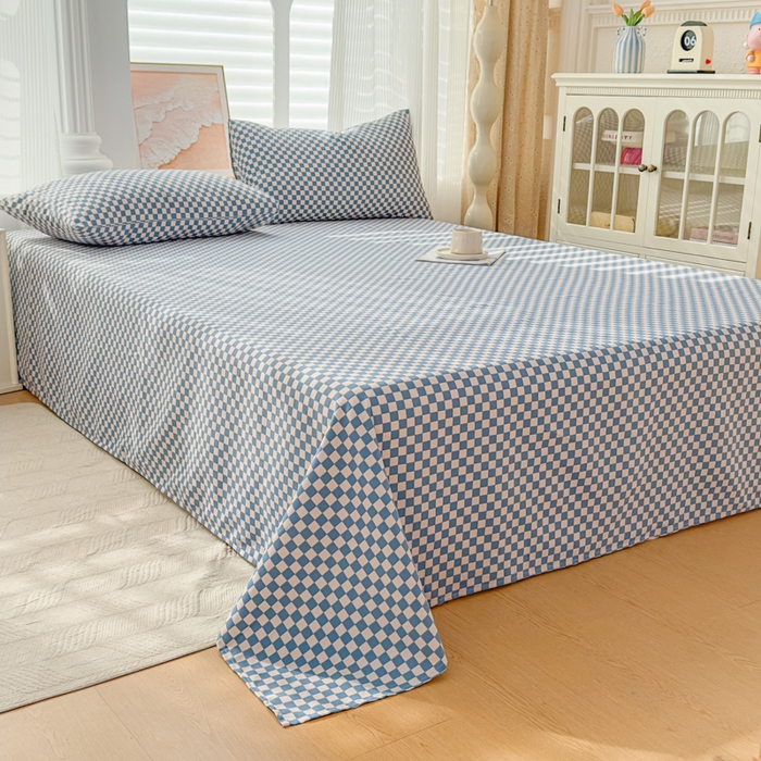 91家纺网 家纺一手货源 找家纺 爱彼家纺 2026新款马上发财新布料细沙三枚缎全新工艺老粗布凉席席子床单三件套-马年系列一 蓝格棋