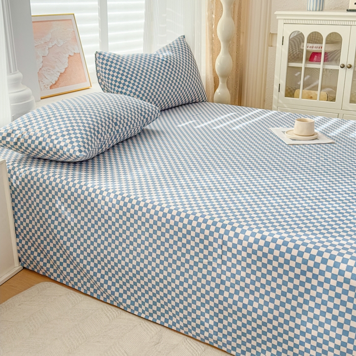 91家纺网 家纺一手货源 找家纺 爱彼家纺 2026新款马上发财新布料细沙三枚缎全新工艺老粗布凉席席子床单三件套-马年系列一 蓝格棋