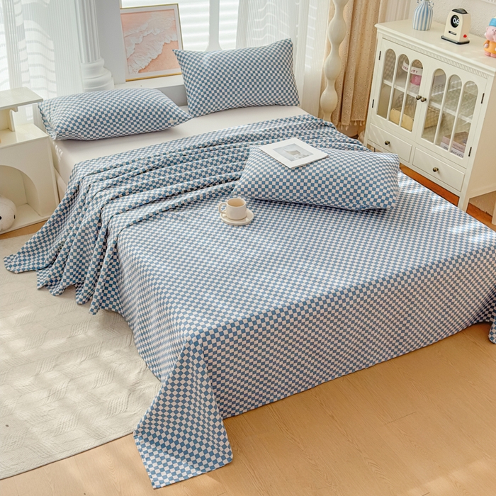 91家纺网 家纺一手货源 找家纺 爱彼家纺 2026新款马上发财新布料细沙三枚缎全新工艺老粗布凉席席子床单三件套-马年系列一 蓝格棋