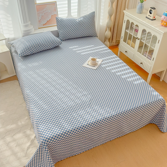 91家纺网 家纺一手货源 找家纺 爱彼家纺 2026新款马上发财新布料细沙三枚缎全新工艺老粗布凉席席子床单三件套-马年系列一 蓝格棋