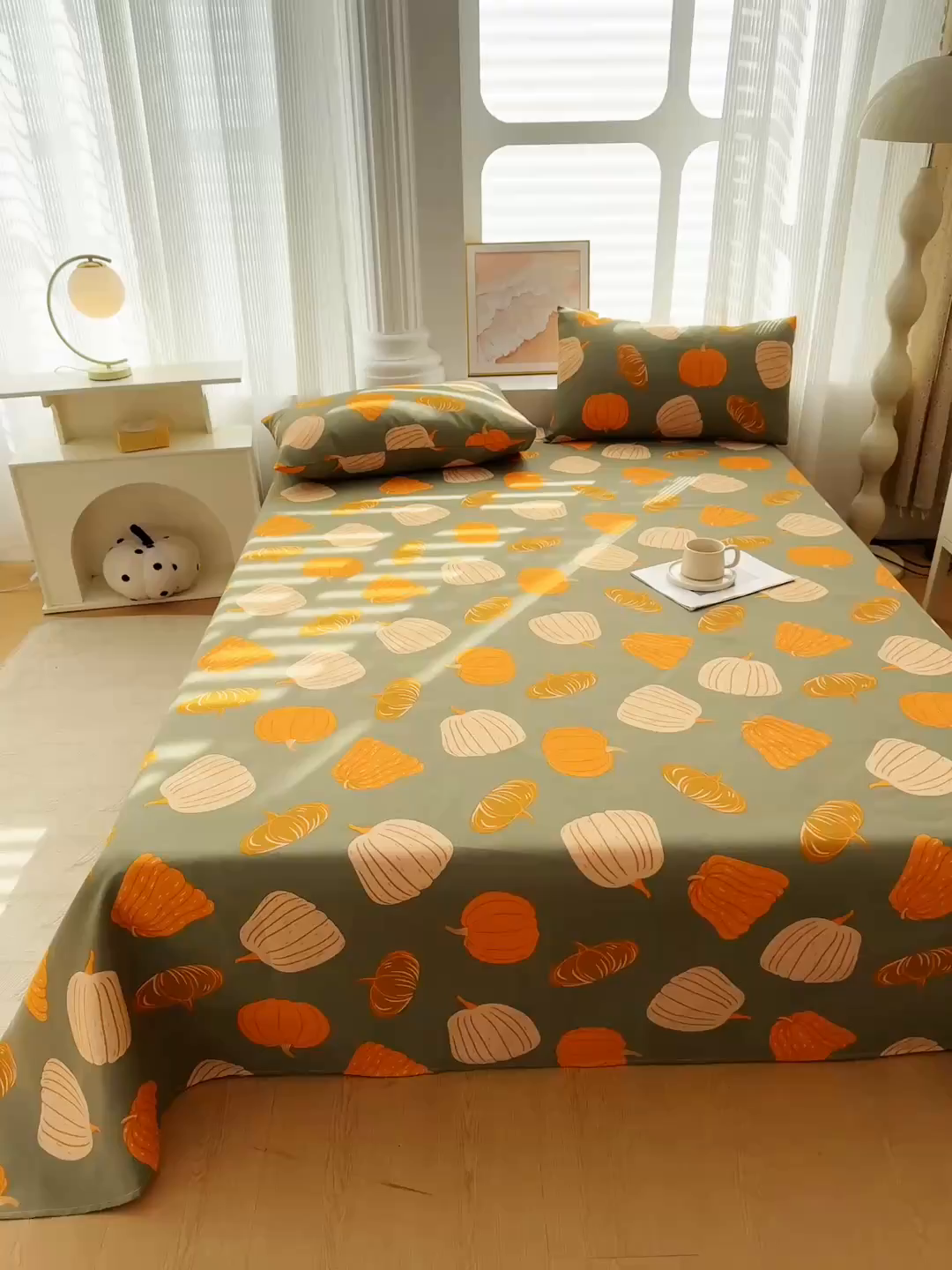 91家纺网 家纺一手货源 找家纺 爱彼家纺 2026新款马上发财新布料细沙三枚缎全新工艺老粗布凉席席子床单三件套-马年系列一 南瓜颂