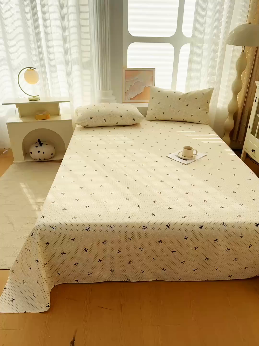 91家纺网 家纺一手货源 找家纺 爱彼家纺 2026新款马上发财新布料细沙三枚缎全新工艺老粗布凉席席子床单三件套-马年系列一 波点蝴蝶结