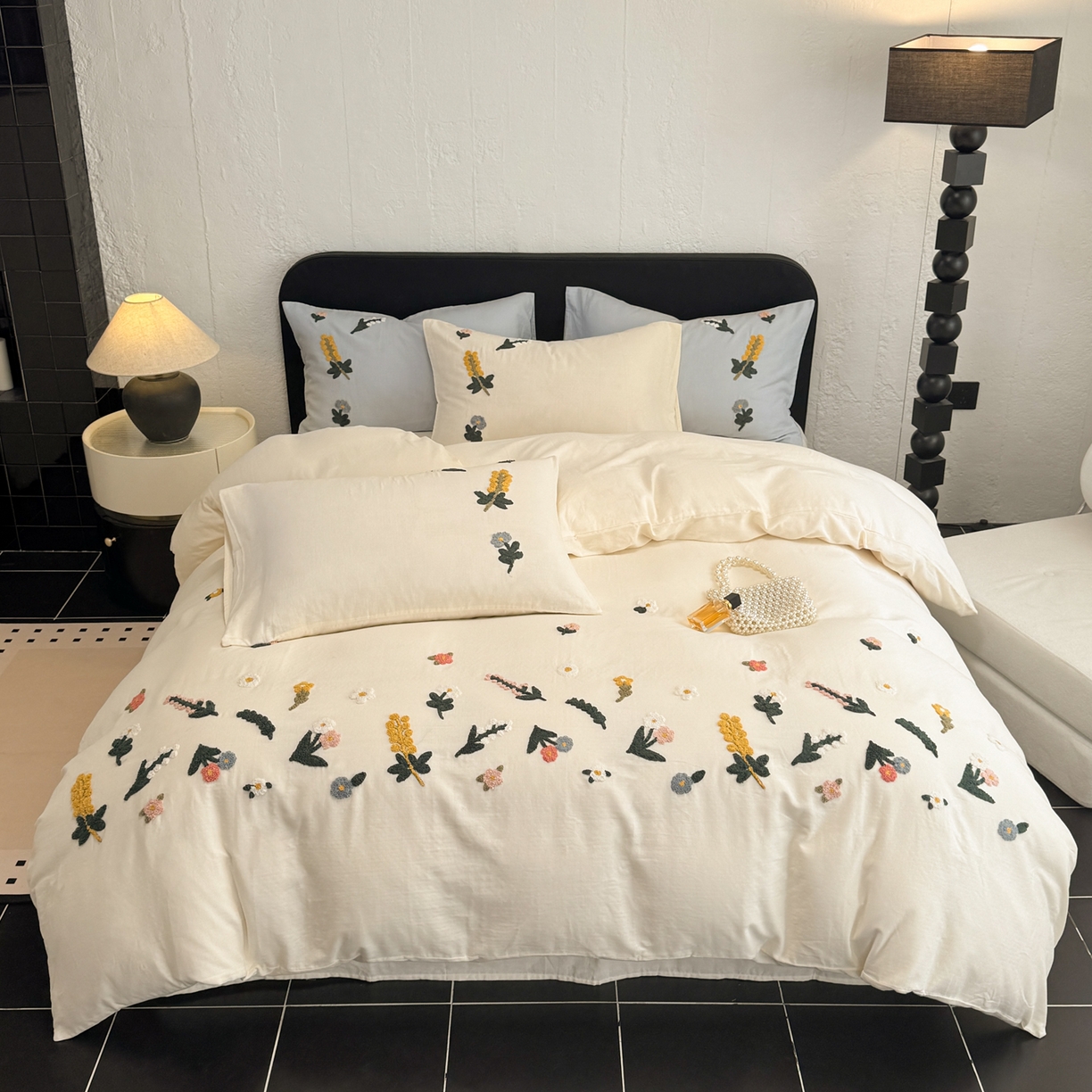 懒猫家纺 2026新款双层纱刺绣四件套 花溪-米