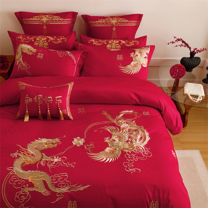 91家纺网 家纺一手货源 找家纺 红番天婚庆 2025新款全棉纯棉提花刺绣四件套禧约-金