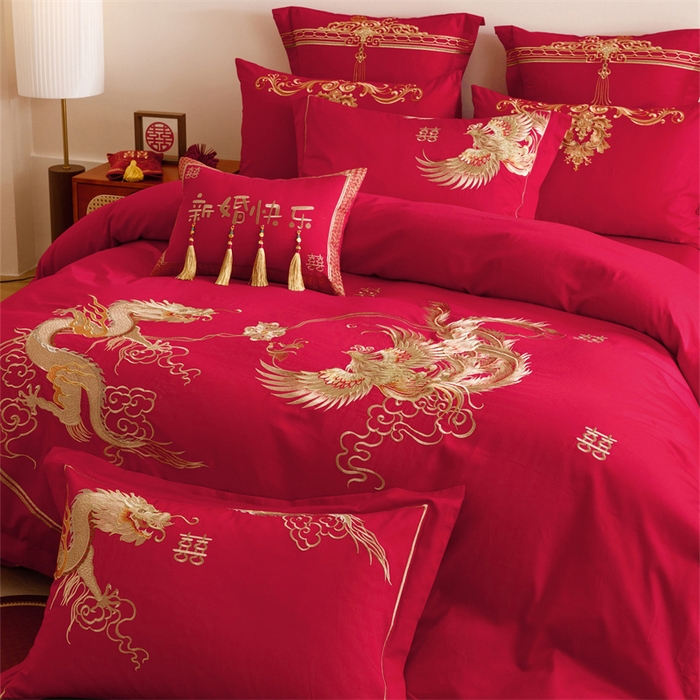 91家纺网 家纺一手货源 找家纺 红番天婚庆 2025新款全棉纯棉提花刺绣四件套禧约-金