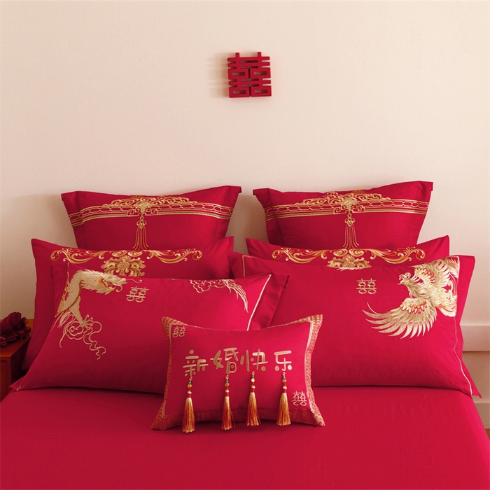 91家纺网 家纺一手货源 找家纺 红番天婚庆 2025新款全棉纯棉提花刺绣四件套禧约-金