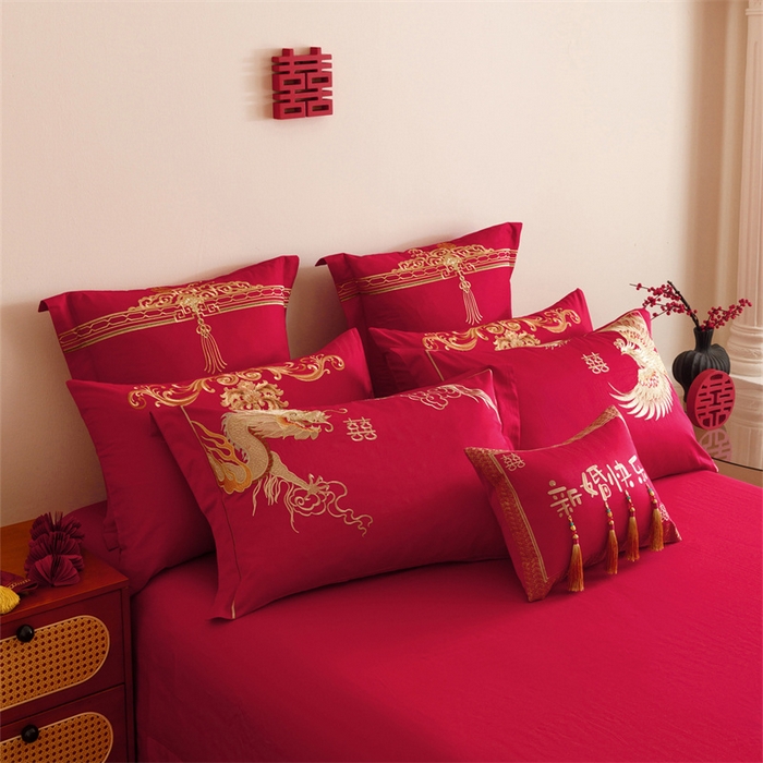 91家纺网 家纺一手货源 找家纺 红番天婚庆 2025新款全棉纯棉提花刺绣四件套禧约-金