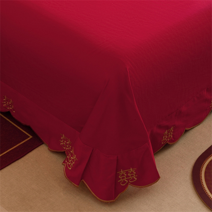 91家纺网 家纺一手货源 找家纺 红番天婚庆 2025新款全棉纯棉提花刺绣四件套禧约-金