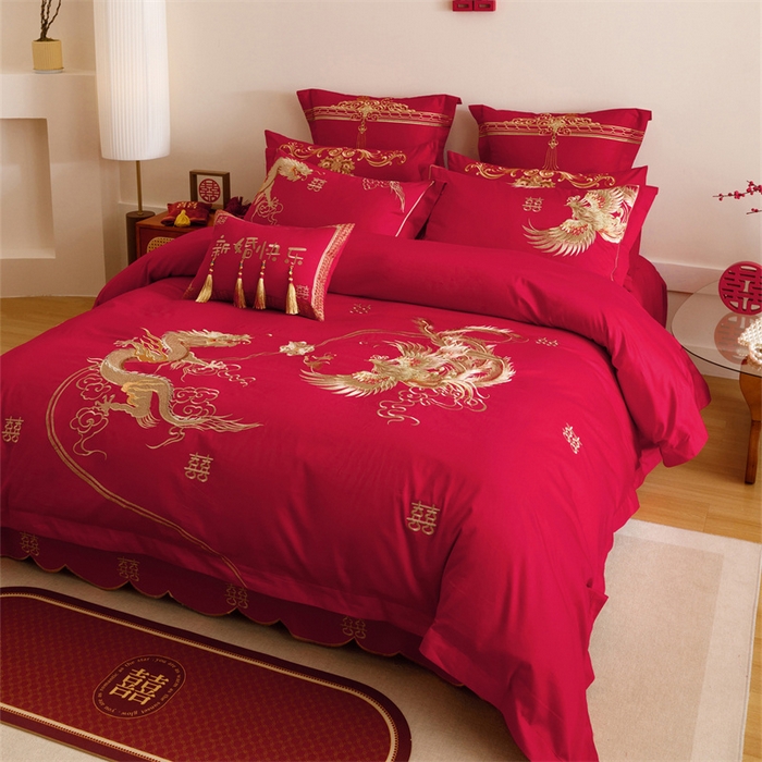 91家纺网 家纺一手货源 找家纺 红番天婚庆 2025新款全棉纯棉提花刺绣四件套禧约-金