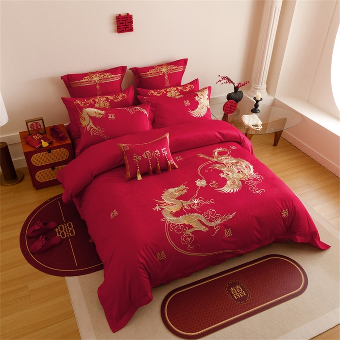 91家纺网 家纺一手货源 找家纺 红番天婚庆 2025新款全棉纯棉提花刺绣四件套禧约-金