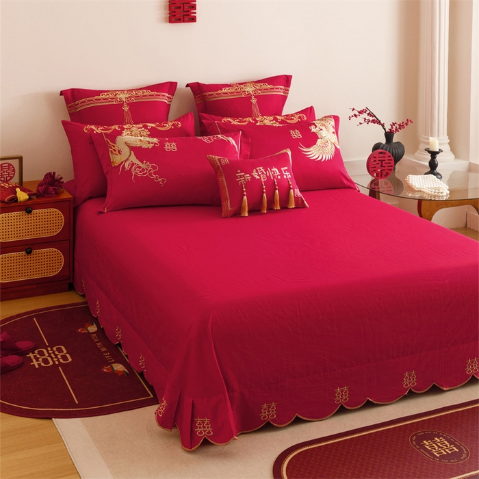 91家纺网 家纺一手货源 找家纺 红番天婚庆 2025新款全棉纯棉提花刺绣四件套禧约-金