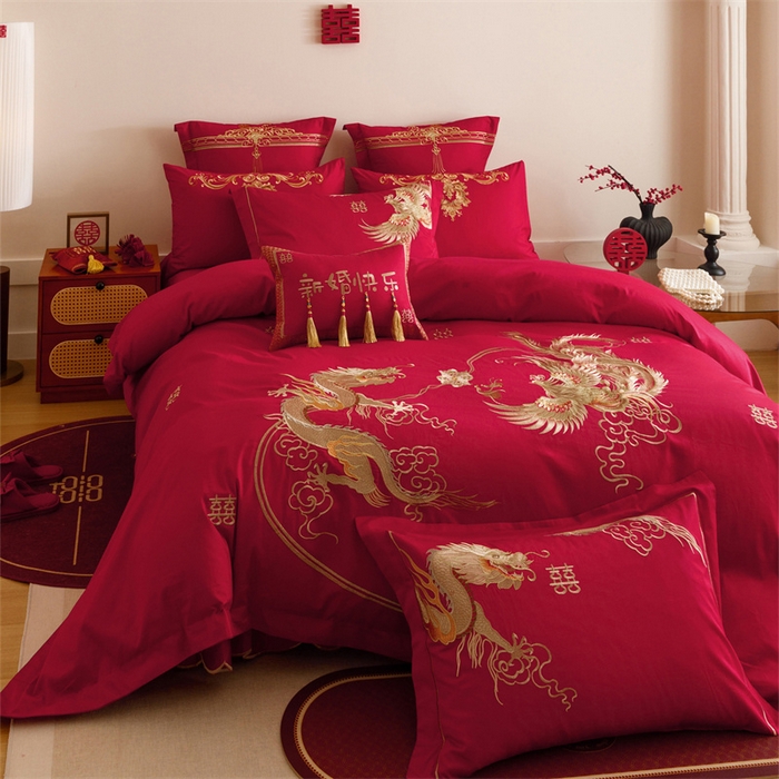 91家纺网 家纺一手货源 找家纺 红番天婚庆 2025新款全棉纯棉提花刺绣四件套禧约-金