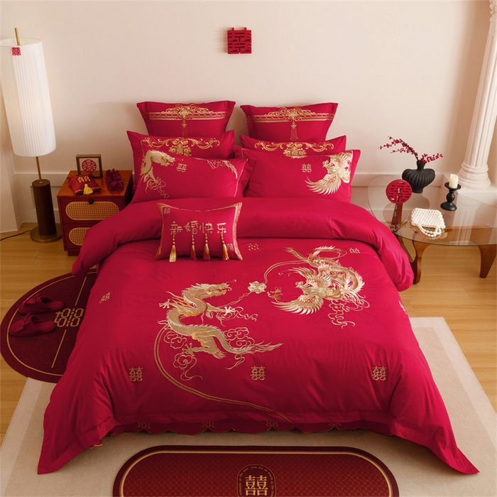 91家纺网 家纺一手货源 找家纺 红番天婚庆 2025新款全棉纯棉提花刺绣四件套禧约-金