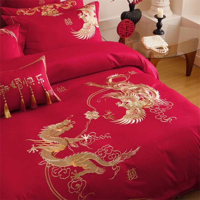 91家纺网 家纺一手货源 找家纺 红番天婚庆 2025新款全棉纯棉提花刺绣四件套禧约-金