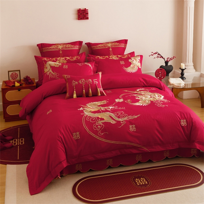 91家纺网 家纺一手货源 找家纺 红番天婚庆 2025新款全棉纯棉提花刺绣四件套禧约-金