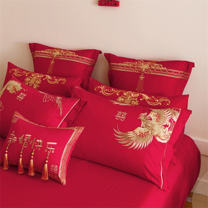 91家纺网 家纺一手货源 找家纺 红番天婚庆 2025新款全棉纯棉提花刺绣四件套禧约-金