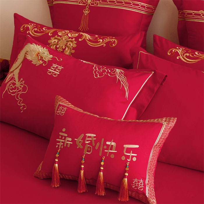 91家纺网 家纺一手货源 找家纺 红番天婚庆 2025新款全棉纯棉提花刺绣四件套禧约-金