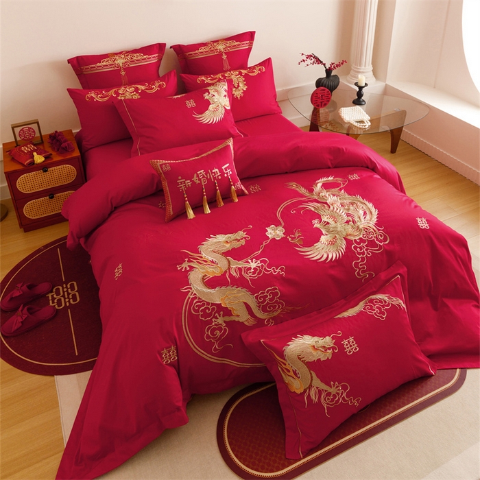 91家纺网 家纺一手货源 找家纺 红番天婚庆 2025新款全棉纯棉提花刺绣四件套禧约-金