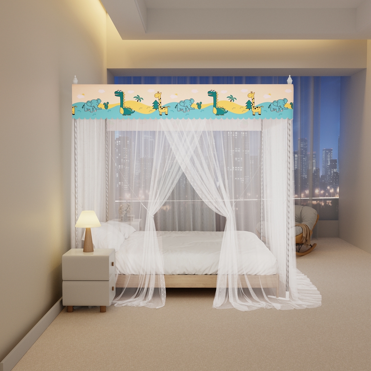 91家纺网 家纺一手货源 找家纺 初心家纺 2026新款宫廷落地印花款蚊帐-场景一 动物世界