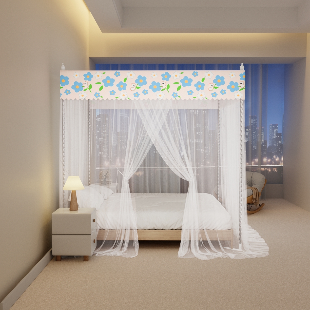 91家纺网 家纺一手货源 找家纺 初心家纺 2026新款宫廷落地印花款蚊帐-场景一 花田趣事