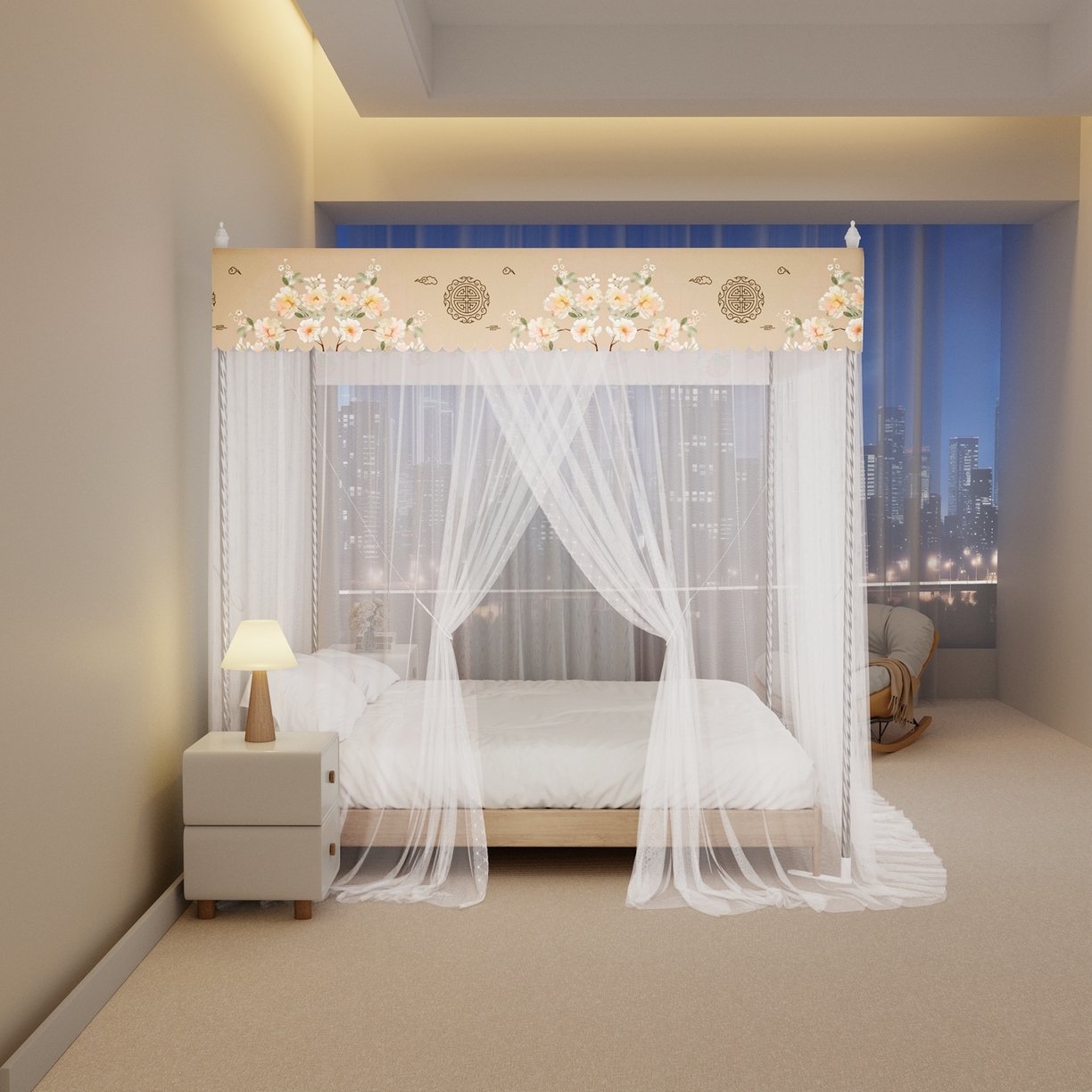 91家纺网 家纺一手货源 找家纺 初心家纺 2026新款宫廷落地印花款蚊帐-场景一 中国风