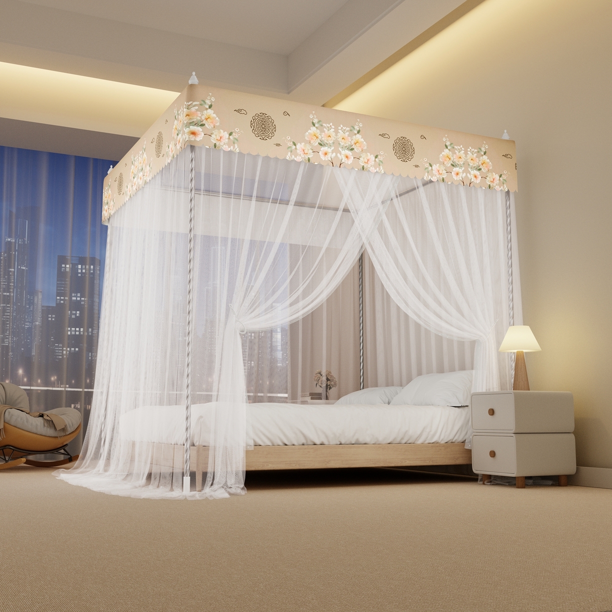 91家纺网 家纺一手货源 找家纺 初心家纺 2026新款宫廷落地印花款蚊帐-场景一 中国风