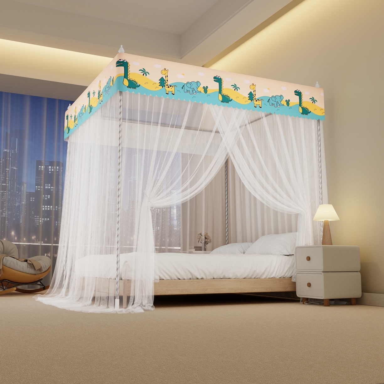 91家纺网 家纺一手货源 找家纺 初心家纺 2026新款宫廷落地印花款蚊帐-场景一 动物世界