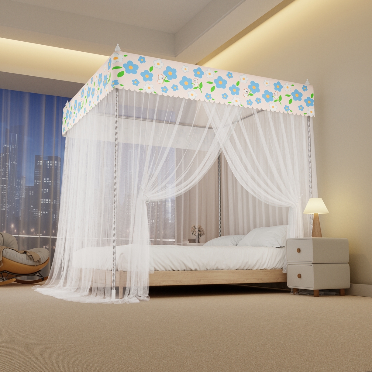 91家纺网 家纺一手货源 找家纺 初心家纺 2026新款宫廷落地印花款蚊帐-场景一 花田趣事