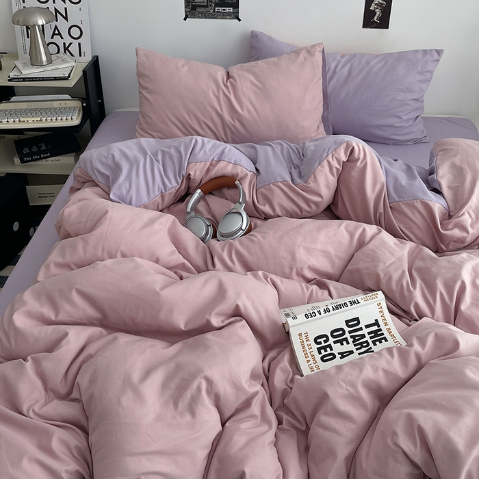 91家纺网 家纺一手货源 找家纺 贝拉梦家纺 2026新款无印风高克重加厚云感棉三件套四件套单被套系列 粉芋软酪