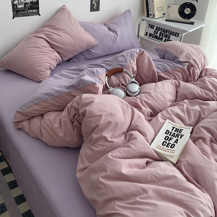 91家纺网 家纺一手货源 找家纺 贝拉梦家纺 2026新款无印风高克重加厚云感棉三件套四件套单被套系列 粉芋软酪