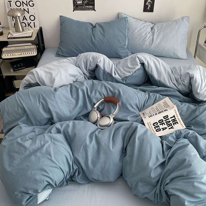 91家纺网 家纺一手货源 找家纺 贝拉梦家纺 2026新款无印风高克重加厚云感棉三件套四件套单被套系列 海蓝雾蓝