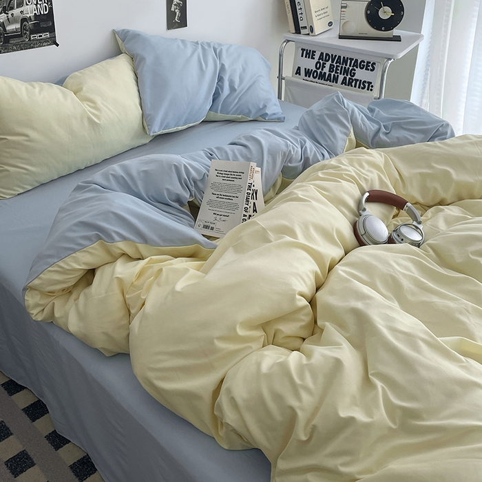 91家纺网 家纺一手货源 找家纺 贝拉梦家纺 2026新款无印风高克重加厚云感棉三件套四件套单被套系列 云白映蓝