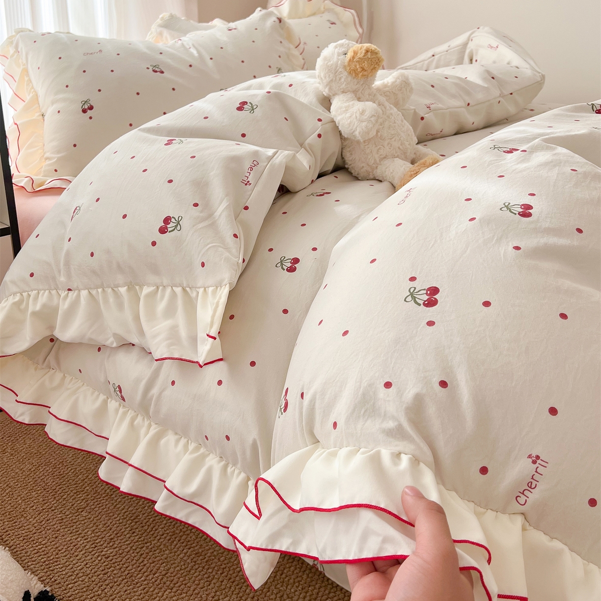 91家纺网 家纺一手货源 找家纺 （总）吾欢心 2026春夏新款古法水洗仿棉韩版双层花边四件套