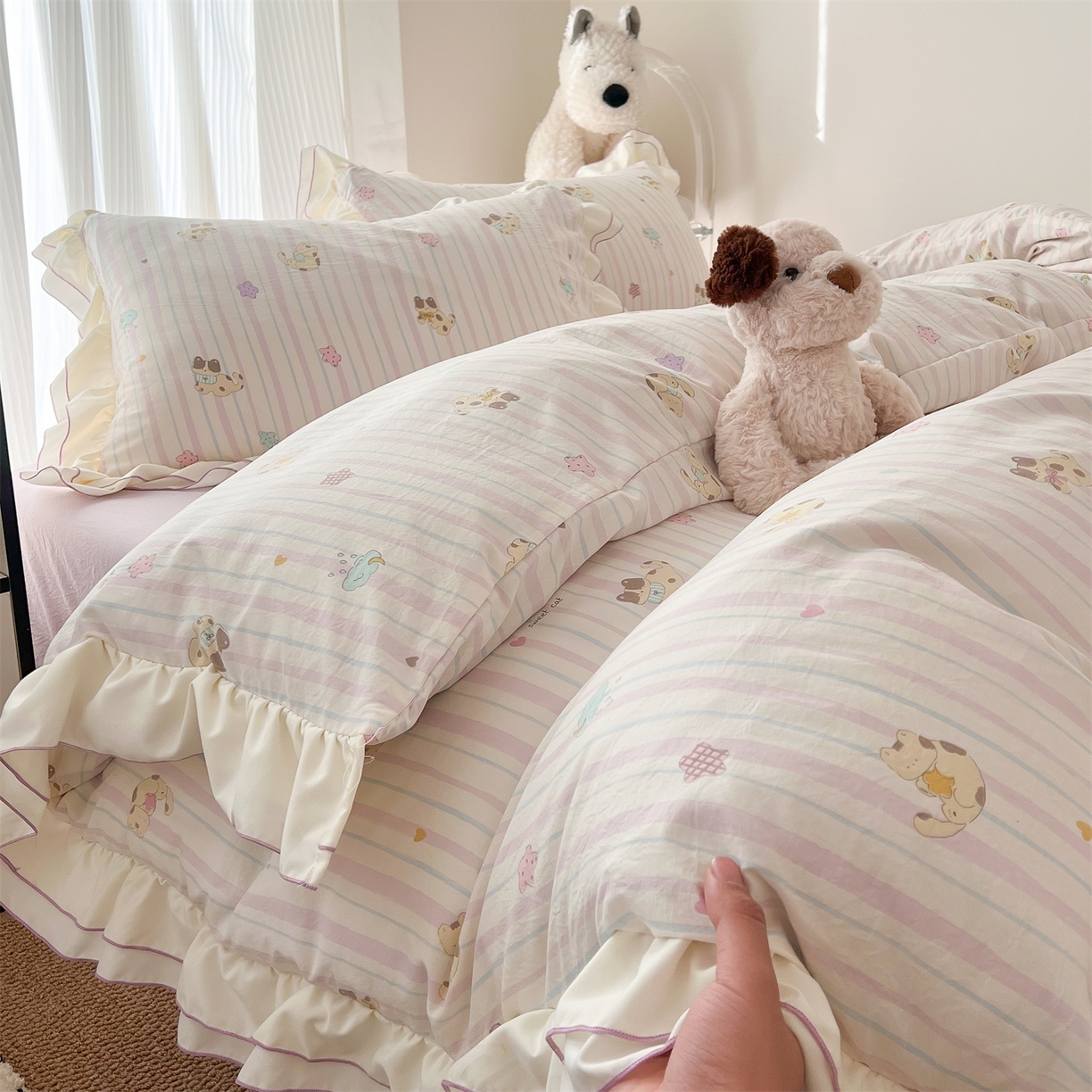 91家纺网 家纺一手货源 找家纺 （总）吾欢心 2026春夏新款古法水洗仿棉韩版双层花边四件套