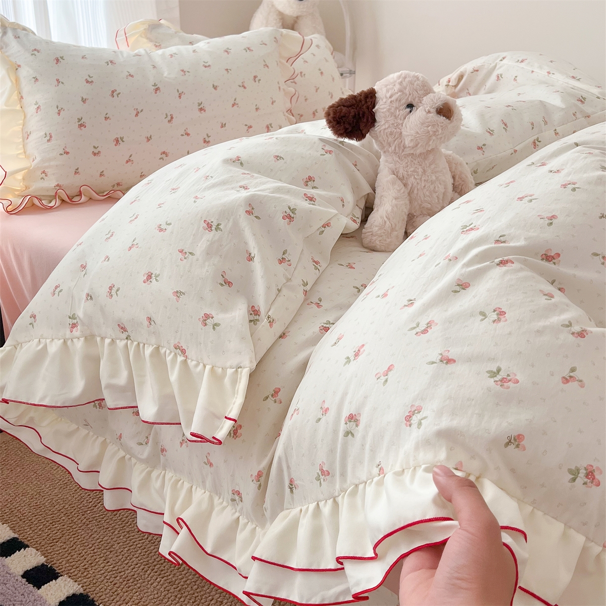 91家纺网 家纺一手货源 找家纺 （总）吾欢心 2026春夏新款古法水洗仿棉韩版双层花边四件套