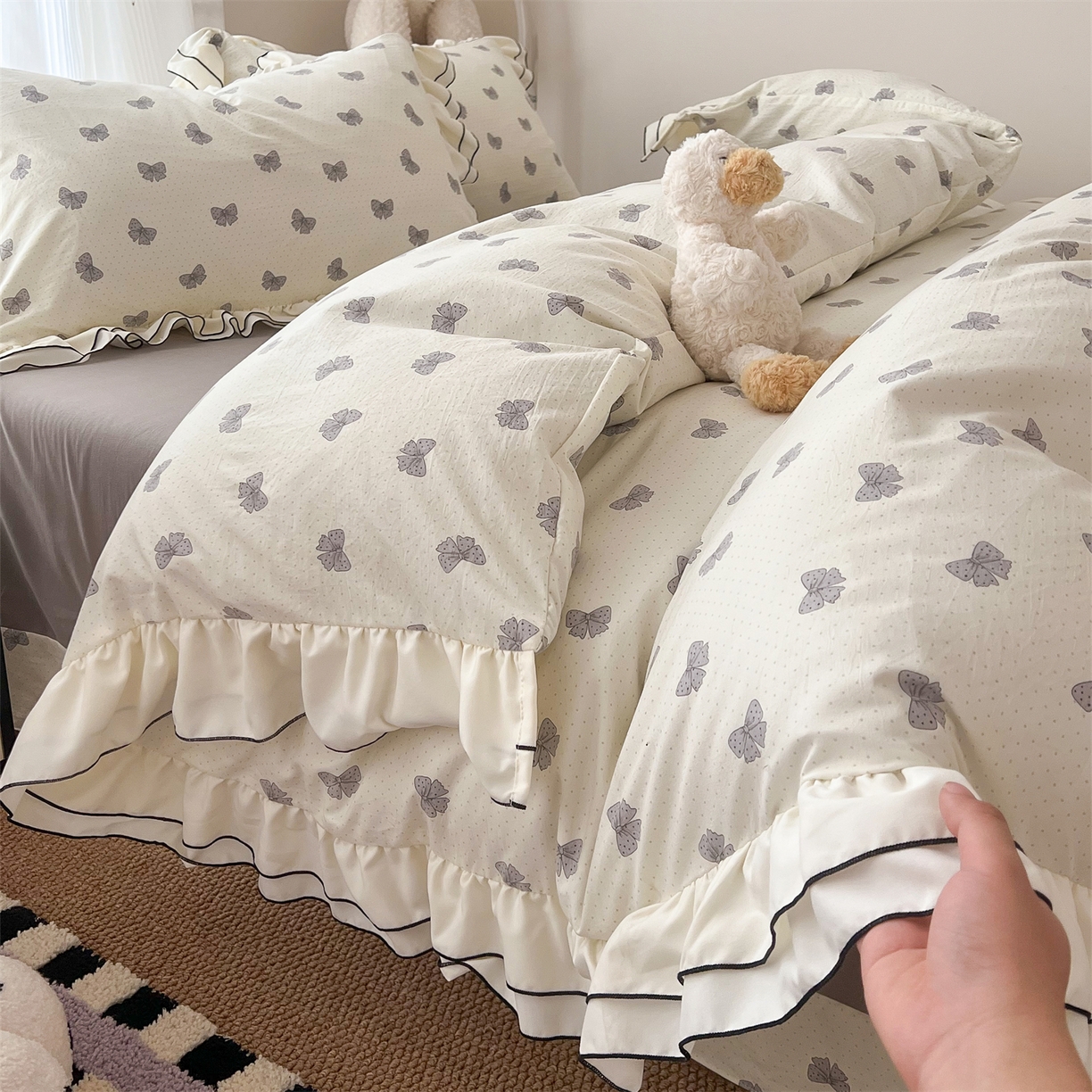 91家纺网 家纺一手货源 找家纺 （总）吾欢心 2026春夏新款古法水洗仿棉韩版双层花边四件套