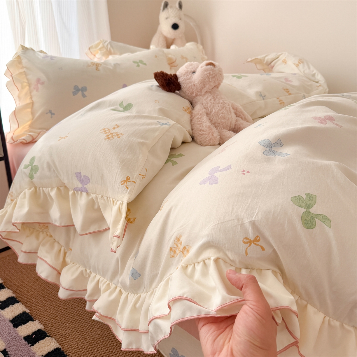 吾欢心 2026春夏新款古法水洗仿棉韩版双层花边四件套 彩色蝴蝶结