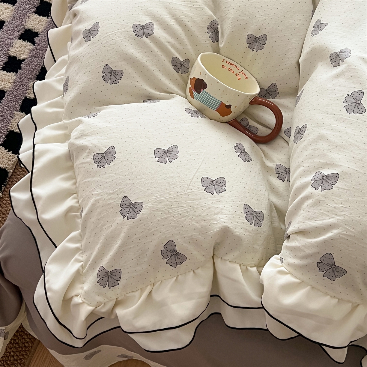 91家纺网 家纺一手货源 找家纺 吾欢心 2026春夏新款古法水洗仿棉韩版双层花边四件套 汐颜