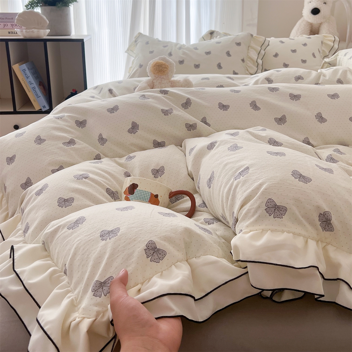 91家纺网 家纺一手货源 找家纺 吾欢心 2026春夏新款古法水洗仿棉韩版双层花边四件套 汐颜