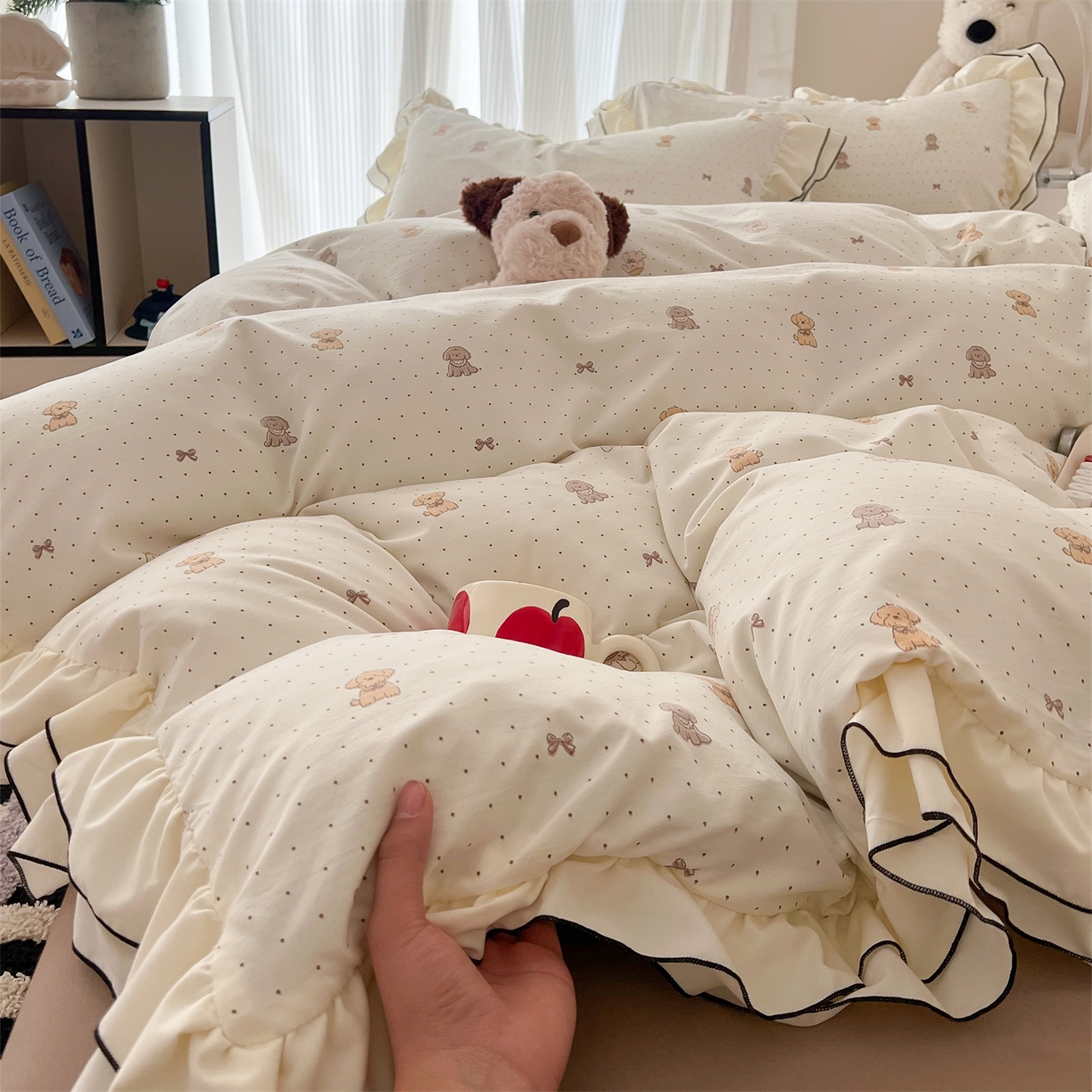 91家纺网 家纺一手货源 找家纺 吾欢心 2026春夏新款古法水洗仿棉韩版双层花边四件套 卡通小狗