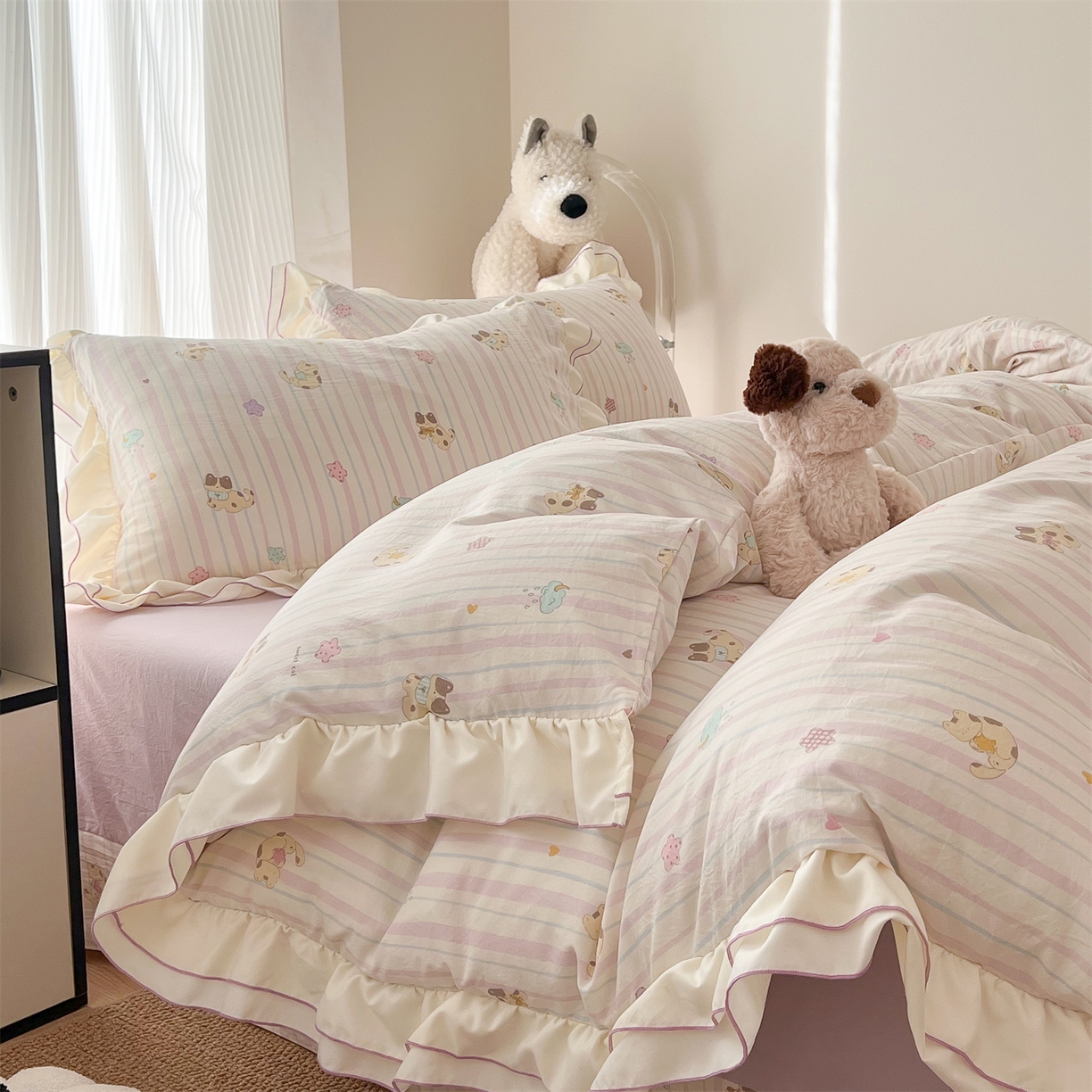 91家纺网 家纺一手货源 找家纺 吾欢心 2026春夏新款古法水洗仿棉韩版双层花边四件套 萌宠宝贝