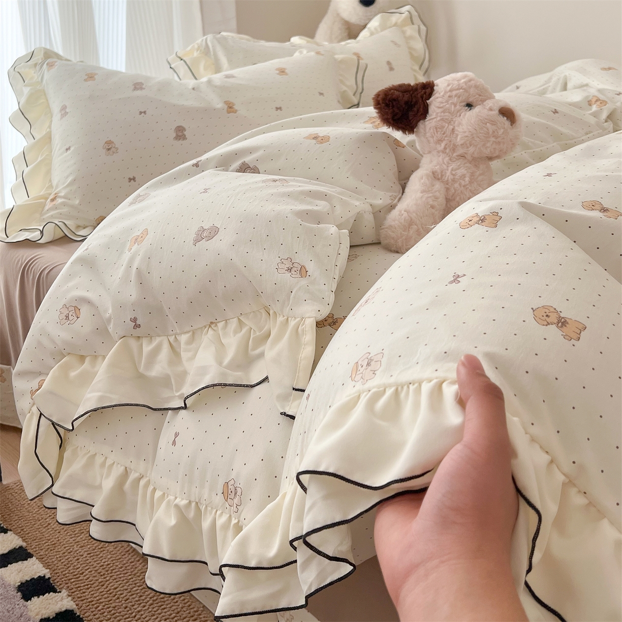 吾欢心 2026春夏新款古法水洗仿棉韩版双层花边四件套 卡通小狗