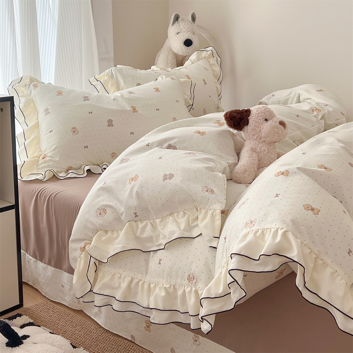 91家纺网 家纺一手货源 找家纺 吾欢心 2026春夏新款古法水洗仿棉韩版双层花边四件套 卡通小狗