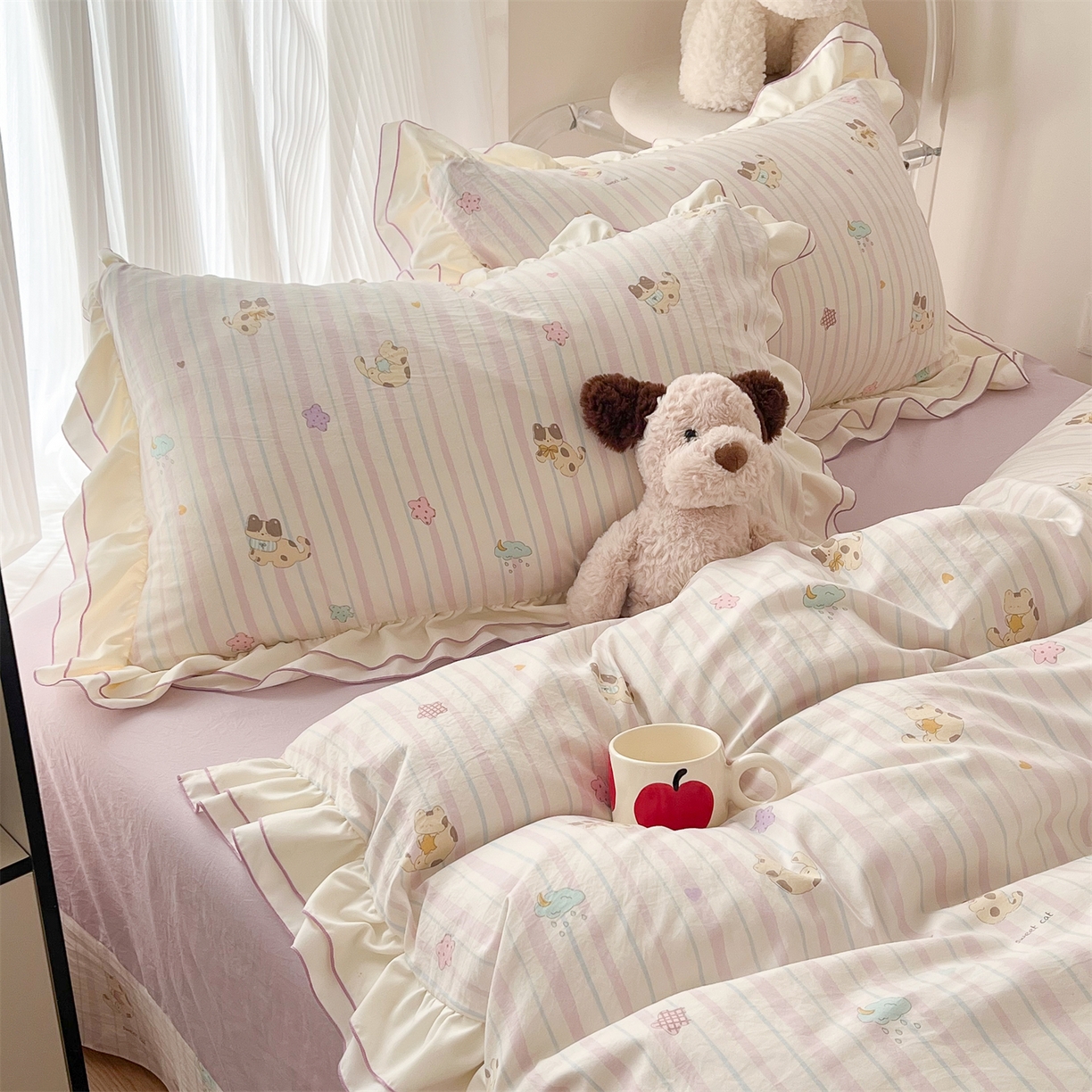 91家纺网 家纺一手货源 找家纺 吾欢心 2026春夏新款古法水洗仿棉韩版双层花边四件套 萌宠宝贝