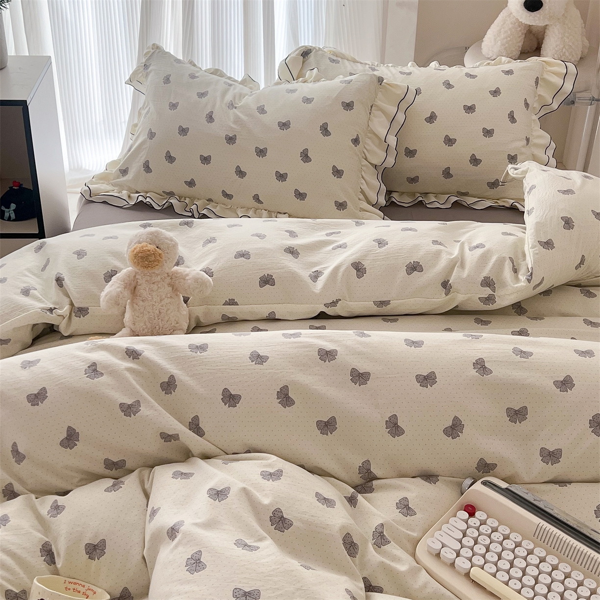 91家纺网 家纺一手货源 找家纺 吾欢心 2026春夏新款古法水洗仿棉韩版双层花边四件套 汐颜