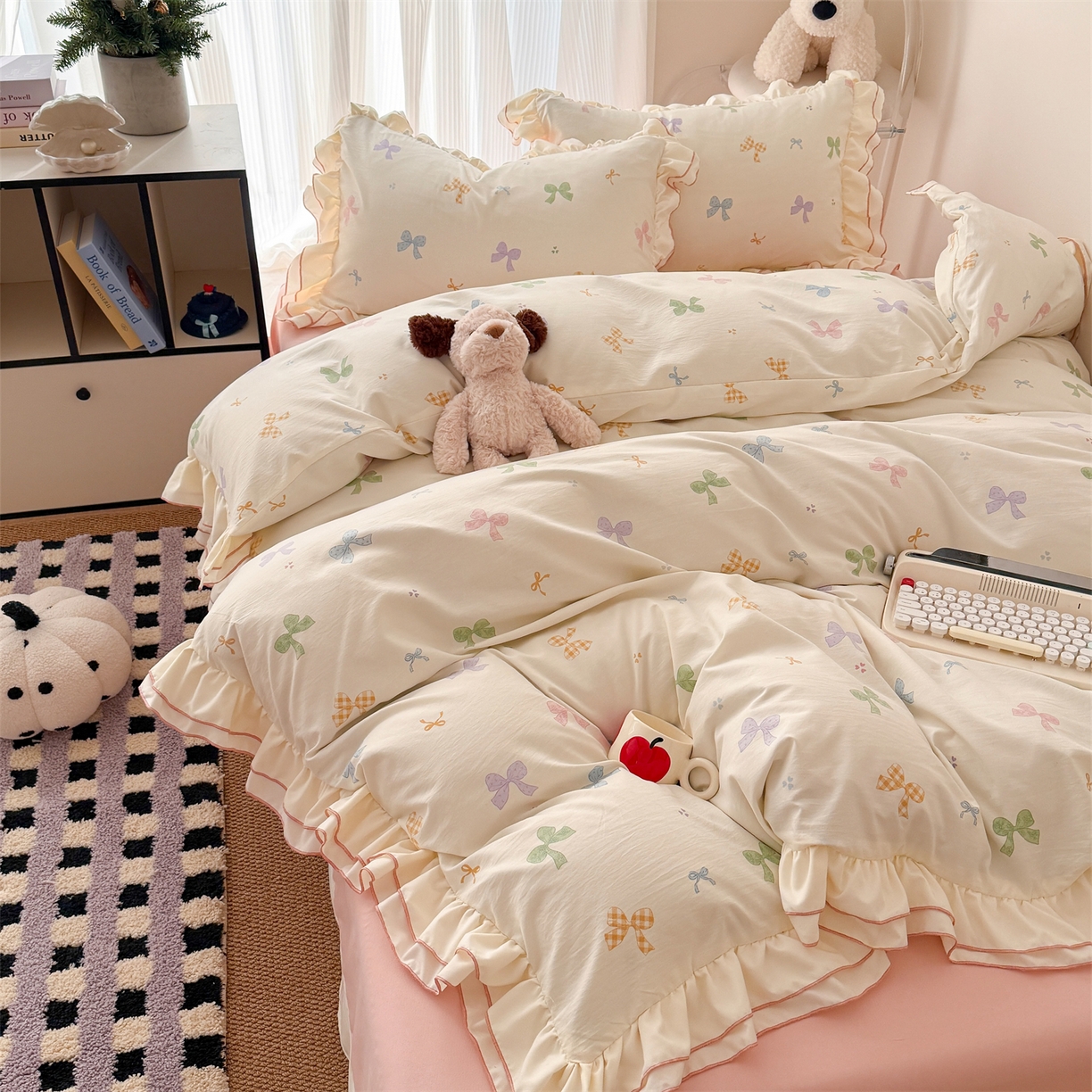 91家纺网 家纺一手货源 找家纺 吾欢心 2026春夏新款古法水洗仿棉韩版双层花边四件套 彩色蝴蝶结